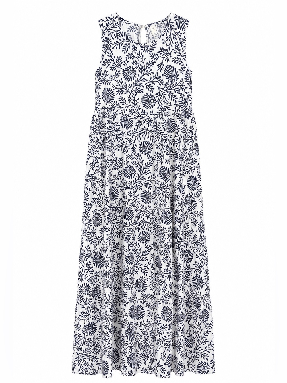 Sleeveless White Maxi Dress with Navy Floral Print